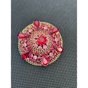 Vintage signed Austrian Rhinestone Brooch High Domed With Red & Pink Round stone